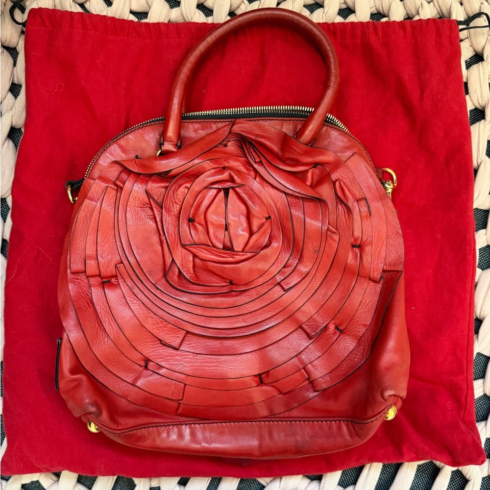 Valentino Garavani Red Leather Floral Rosette Tote